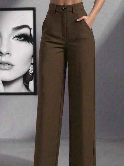 Women's Fashionable High-Waisted Straight Leg Wide-Leg Minimalist Casual Office Pants