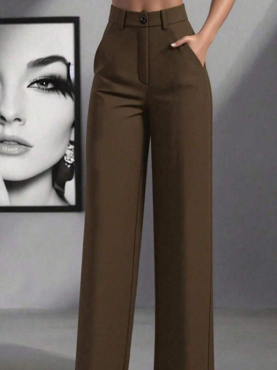 Women's Fashionable High-Waisted Straight Leg Wide-Leg Minimalist Casual Office Pants - Brown - View 1