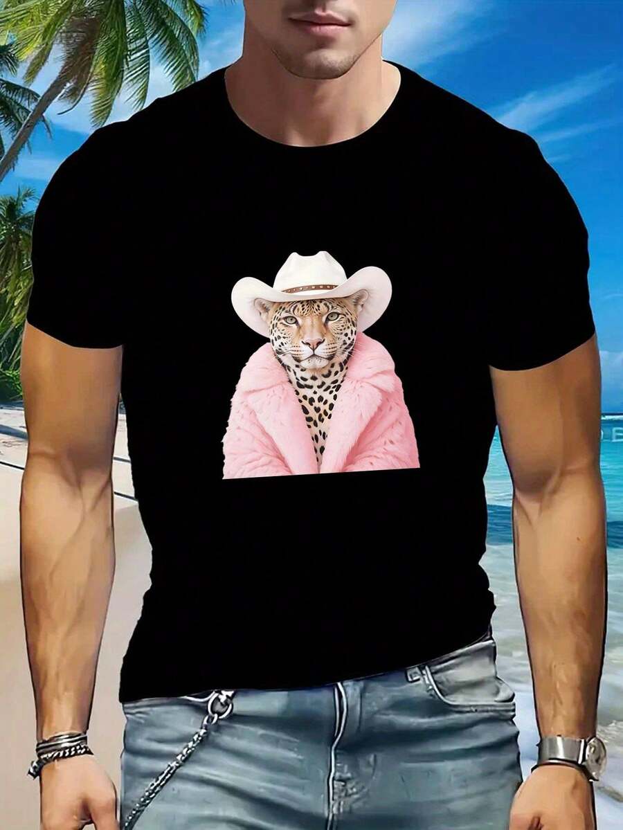 Black Short-Sleeve Casual Shirt For Men With Unique Leopard Print Design - Lightweight Summer Shirt For Adults. Casual Wear. Round Neck. Polyester Fabric. Casual Summer Shirt With A Distinctive Leopard Print Made Of Polyester Fabric. - 黑色 - 查看 1