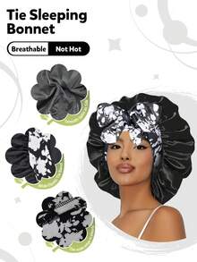 4件套女士睡眠帽 - 纯色缎面光滑帽身,印花弹力抽绳设计,舒适透气,适合睡眠和日常佩戴,休闲护发睡帽 - B - 查看 4