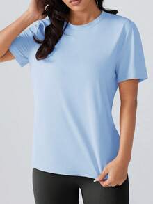 1pc Women's Round Neck Short Sleeve Top, Suitable For Fitness, Training And Casual Wear - Comfortable Fitness T-Shirt For All Seasons, Fitness, Running, Tennis, Outdoor, Hiking, Casual Undershirt - Baby Blue - View 4