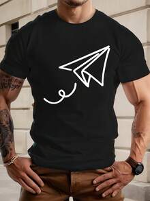 Camiseta Casual de Verano para Hombre con Gráfico de Avión de Papel - Azul Rey. Cuello redondo. Manga corta. Mezcla de algodón. Ligero; Transpirable para Ropa Casual - Negro - Ver 7