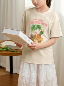 Tween Girls' Casual Apricot Printed Round Neck Short Sleeve T-Shirt, Summer Top - Apricot - View 2