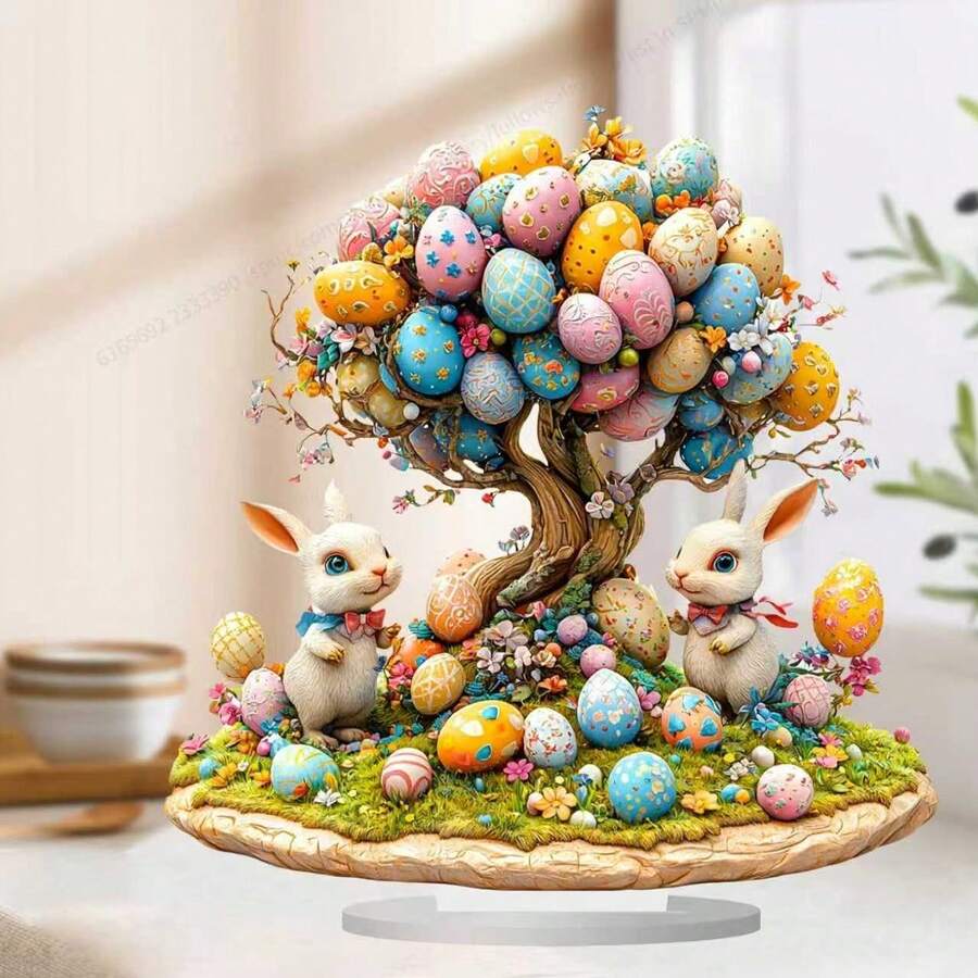 2D Flat 1pc, Bohemian Style Acrylic Easter Egg Tree With Rabbit Decor, Romantic Theme, Multipurpose Art Home And Cafe Tabletop Decor, No Text