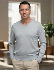 Men's Cold Weather Blouse | Men's Knitted Sweater | Winter Knitted Wool Pullover Long Sleeve V-Neck - 灰色 - 查看 6