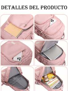 [Savoyetee]1 pieza Mochila de estilo clásico básico de unicolor para volver a la escuela, con compartimento para laptop, correas ajustables y múltiples bolsillos espaciosos, bolsa de estudiante ligera de alta capacidad, ideal para uso diario, salidas, viajes, escuela y vuelta al cole, disponible en rosa color perfectos para adolescentes/estudiantes/graduados - Rosa - Ver 8