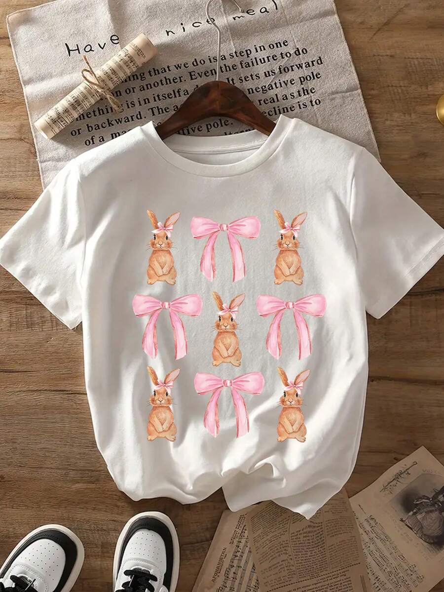 Happy Easter Tween Girl Cartoon Bunny And Bow Print Crew Neck T-Shirts Spring And Summer Girl's Casual Tee Soft Tops - White - View 1