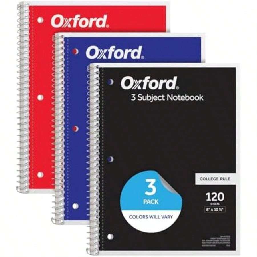 Oxford - Cuadernos en espiral, paquete de 3, 3 temas, cuadernos a rayas universitarias para la escuela, 8 x 10.5 pulgadas, 120 hojas, 2 divisores, colores surtidos, suministros para el regreso a la(default) - Multicolor - Ver 1