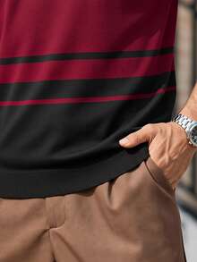 男士条纹圆领短袖休闲针织上衣 - 紅白色 - 查看 8