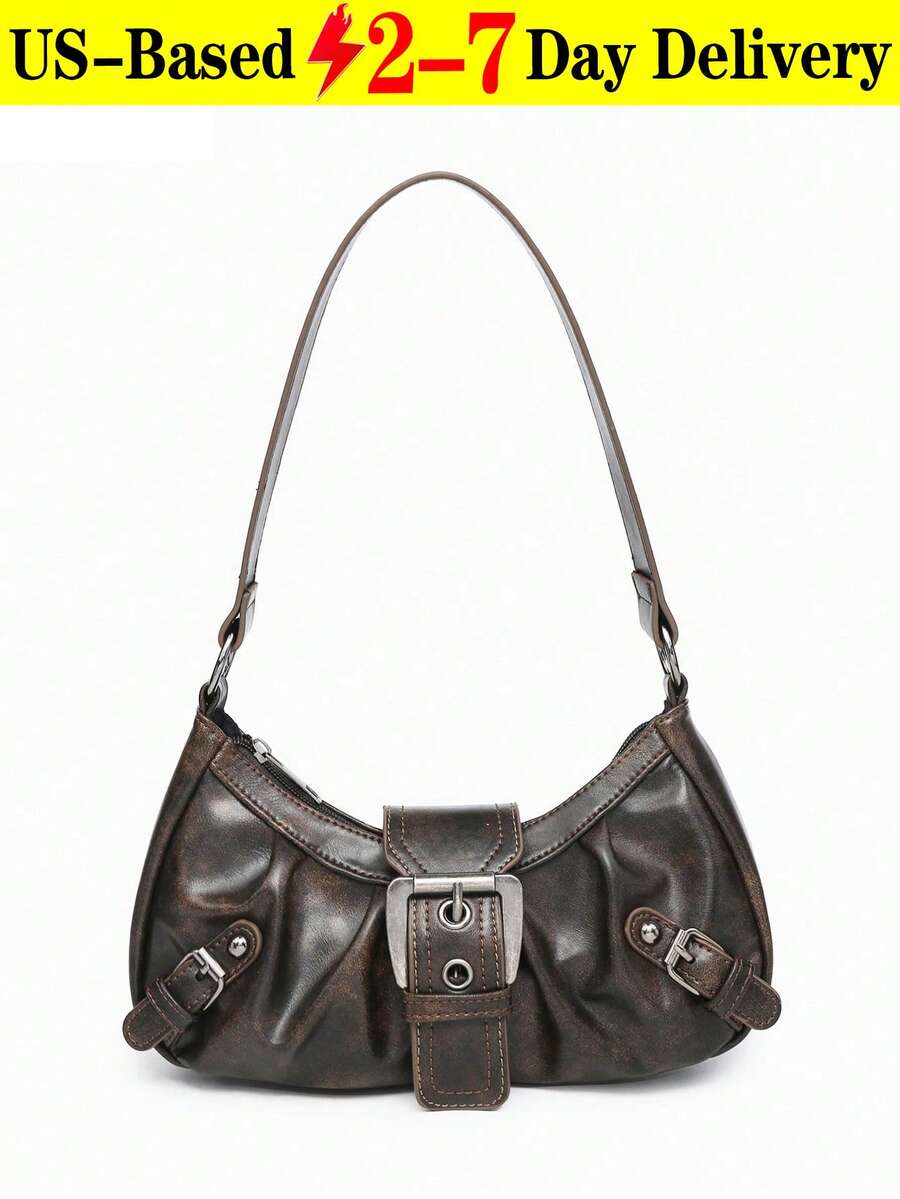 Y2K Vintage Soft Distressed Leather Motorcycle Bag With Rivet, Buckle, Pleated Cloud Decor, Shoulder/Underarm Bag, Suitable For Work, Commute, Date, Party, Street & Japanese Bag For Women, Halloween Purse Perfect For Fancy Party Halloween Fashion & Gothic Fashion - Cà phê nâu - Xem 1