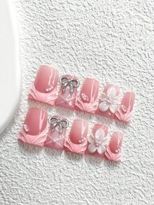 10pcs Pink Water Drop Minimalist French Nail Stickers, Hand-Painted Ballet Ribbon Pattern, Silver Bow, Delicate White Flower Nail Decor, Pink Nail Gel Polish, 3 Sizes Available: Almond, Duck Mouth, Coffin Shape, Includes Nail Tools (1 Jelly Sticker + 1 Nail File), Suitable For Parties, Weddings, Gatherings, Daily Wear Nails Nail Supplies - 彩色 - 查看 2