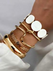 5pcs Vintage Exaggerated Luxurious Geometric Wide Face Design Women Metal Gold Bangle Set, Suitable For Daily Wear And Gift - Multicolor - View 6