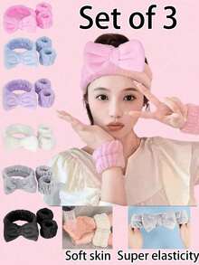3pcs Headband Set: Bow Headband, Headband Wristband, Face Towel Wristband, Absorbent Wristband, Reusable SPA Headband Bracelet, Solid Color Plush Headband, Fuzzy Headband, Yoga Headband, Hair Scrunchies, Ultra-Soft Fiber Headband, Women Wristband, Adjustable Makeup Headband, Yoga Sports Headband Sweatband, Suitable For Bathroom Cleaning, Travel, Gifts - Multicolor - View 4