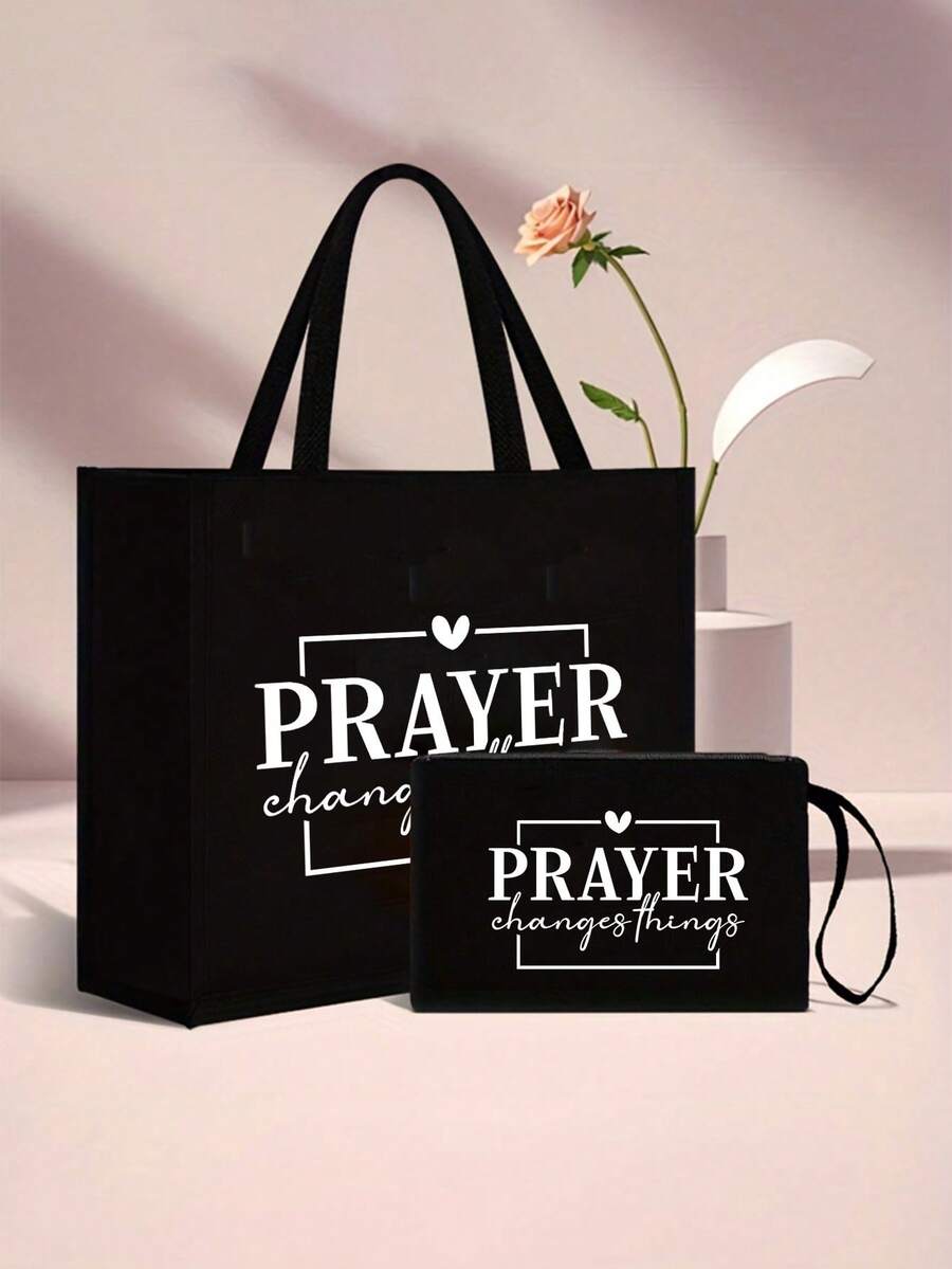 女士时尚“Pray”字母印花手提包套装，包含手拿包和拉链小袋，多功能女士包，派对/节日礼物，时尚手提包和化妆包套装，印花“Pray”字母手提包，适合婚礼、生日、海滩和度假等场合。 - 彩色 - 查看 1