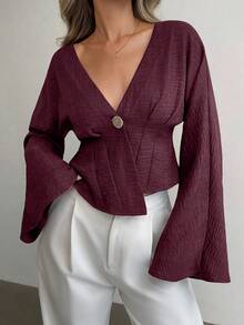 Doriss Asymmetric Button-Up Bell-Sleeve V-Neck Cinching Waist Shirt, Spring & Summer, Valentine's Day, Elegant Ladies, Summer Holiday Outfits, Weddings & Events, Going Out Outfits, Vacation Outfits Women, Beach Outfits For Women, Spring Break Outfits - Burgundy - View 3