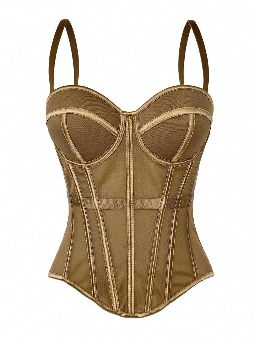 Kamisol Jala Tanpa Punggung Bergaya Korset Warna Polos untuk Wanita dengan Bra, Pakaian Dalam Kasual Musim Gugur/Musim Dingin untuk Musim Panas - Coffee Brown - View 1