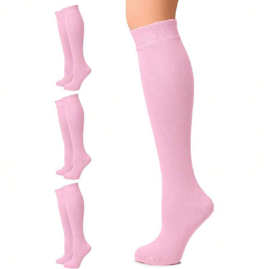 Women's Cotton Knee High Socks, Long Tube Dress Socks | Soft, Lightweight & Stretchy | Shoe Size: 5-8/8-11, 3 Pairs,36065487 - 粉色 - 查看 1