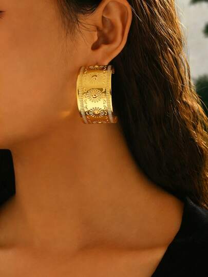 1对复古别致几何C形雕刻宽圈耳环，闪亮雏菊和向日葵耳钉，适合女性日常、舞会、度假、旅行、约会等场合佩戴