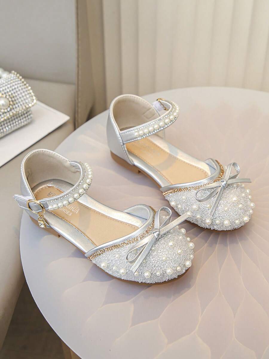 Girls' Mary Jane Flat Shoes, Shiny Low Heel Flower Wedding Party Shoes, Suitable For Toddler/Big Kids - Silver - View 1