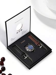 TOMI 男士干电池手表套装，高级简约旋转齿轮石英表，配有可更换表带，礼盒包装，适合日常生活、节日、圣诞节、年末等场合。