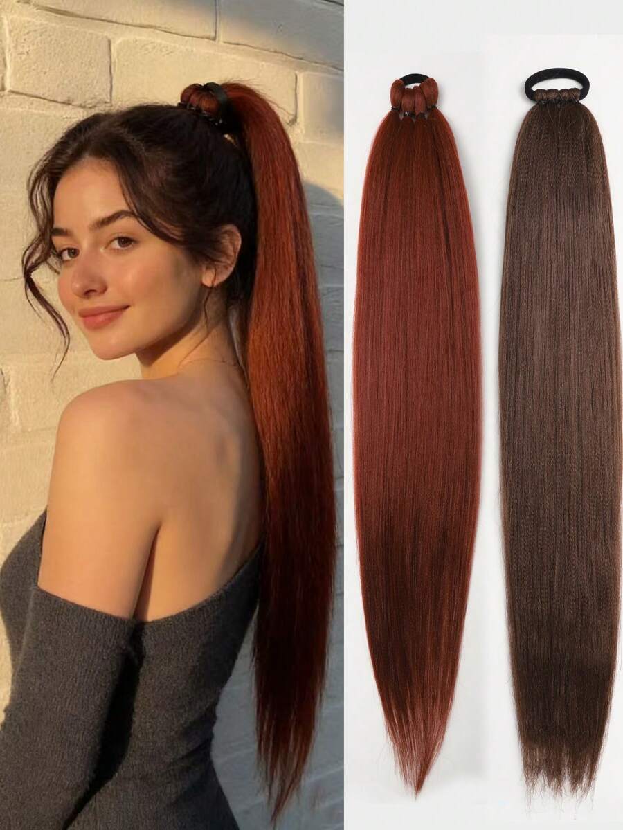 1pc 26 Inch Synthetic Ponytail Extensions Natural Braided Pony Tail Hairpiece Long Straight Rubber Band Hair For Women