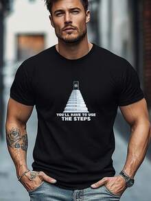 Camiseta gráfica para hombres; El ascensor está roto; Camiseta casual de cuello redondo color granate con diseño de pirámide. Manga corta. Ajuste Regular. Comodidad para todas las estaciones. Ropa cómoda Camiseta gráfica humorística Tela elástica - Negro - Ver 7