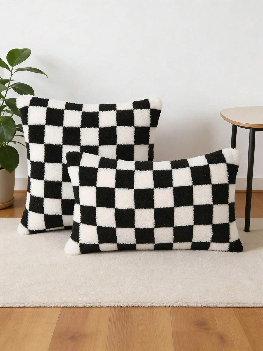 1pc Two Tone Cushion Cover Without Filler, Simple Throw Pillow Case, For Sofa, Living Room - Black and White - View 1