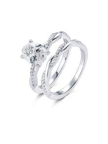 XUJIA 1 Set 925 Sterling Silver Moissanite Bridal Ring Set, 7x9mm (2 Carat) Oval Moissanite Ring, Classic Women's Ring, Twisted Engagement Ring, Anniversary Party Birthday Jewelry Gift - Silver - View 15