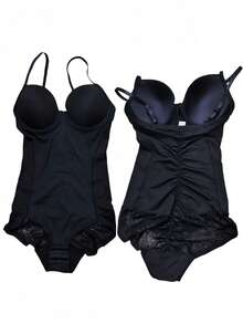 1pc Lace Panel Shapewear Bodysuit, Y2K Sexy Style Stretchy Skin-Friendly Tight-Fit Adjustable Straps Lace Hem Push Up Waist Control Slimming Bodysuit Date Parties/Daily Outings/Girls Gatherings - Black - View 6