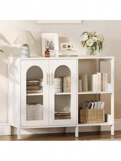 39.4in armario buffet de aparador con estante de almacenamiento, armarios de almacenamiento de madera con 2 puertas de vidrio, dos manijas de metal dorado, moderno armario de aparador para comedor, sala de estar, cocina, entrada, pasillo