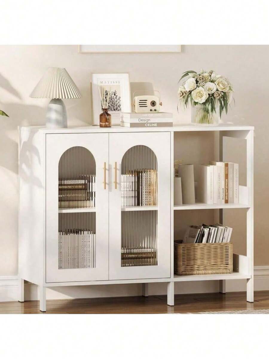 39.4in armario buffet de aparador con estante de almacenamiento, armarios de almacenamiento de madera con 2 puertas de vidrio, dos manijas de metal dorado, moderno armario de aparador para comedor, sala de estar, cocina, entrada, pasillo