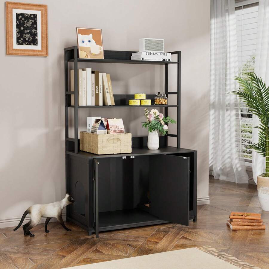 Hodeffior Hidden Cat Box Furniture – Cat Box Enclosure With 3 Shelves, 2-In-1 Hidden Cat Box & Washing Area, Wooden Cat House Bookshelf For Living Room & Entryway, 45cmD X 90cmW X 132cmH - màu đen - Xem 1