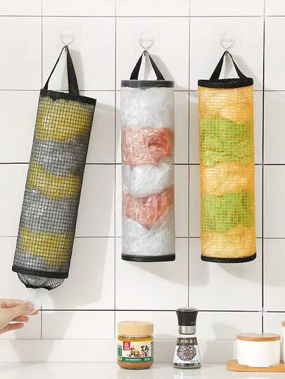 3/2/1 Pcs Trash Bag Hanging Storage Bags, Wall-Mounted Drawstring Shoe Bags, Back To School, Kitchen Plastic Bag Organizer Bags, Woven Net Bags, Plastic Bag Storage Rack With Hanging Net, Suitable For School Supplies And Study Items, Back To School College Student Organization