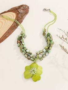 1pc Bohemian Style - Fashion - Elegant Handmade Beaded Double Layer Necklace, Ocean Element Shell Necklace, Floral Pendant Necklace, Suitable For Daily And Travel Wear, Perfect Gift For Her - Green - View 2