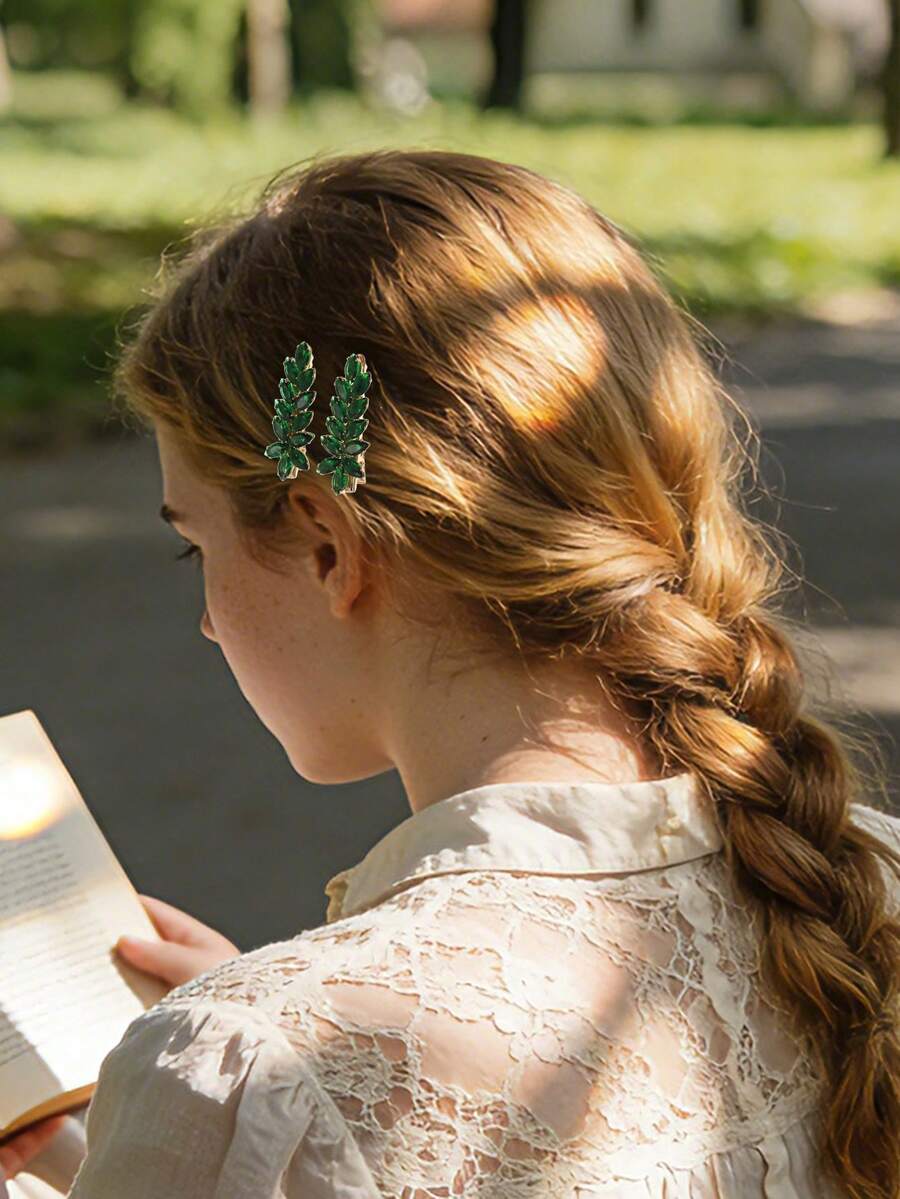 2pcs Green Crystal Zirconia Floral Design Hair Clips, Fashionable & Versatile For Wedding, Party, Women,Summer,Beach