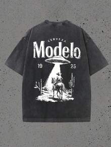 Double Sided Washed Printing Modelo UFO Cowboy Graphic Water Washed T-Shirts, Round Short Sleeved Tees, Summer Street T-Shirts, Holiday Gifts - màu đen - Xem 2