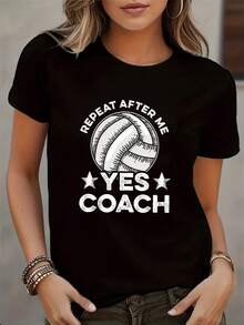 Women'S "Repeat After Me Yes " Volleyball Graphic T-Shirt - Casual Crew Neck, Short Sleeve, All-Season Tee With Volleyball Design, Machine Washable, Casual Wear| Volleyball Theme| Comfortable Fit, Volleyball Tee - màu đen - Xem 6