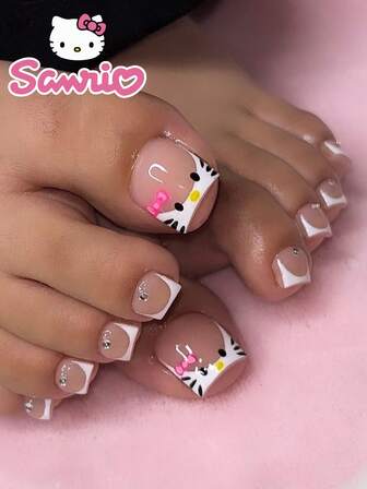  24PCS Short Square Toenails Fake Nails HelloKitty White French Sanrio Pointed Nail Art Cute Chrome Acrylic Press On Nails Gel Nail Art Nail Supplies Nail Art Set (Attached: A Piece Of Jelly Glue And File) Suitable For Women's Daily Date Party