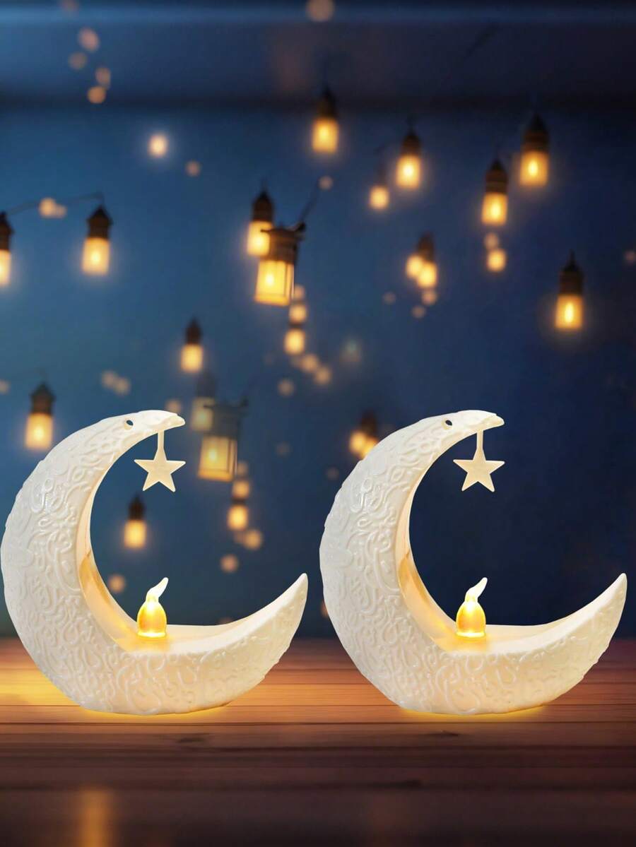 1pc Ramadan Lantern Decor, Flameless Candle Lantern, Eid Mubarak Moon & Star Lights, Home Tabletop Decoration - Multicolor - View 1