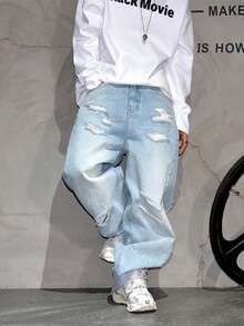 Quần jeans nam phong cách đường phố dáng rộng, thoải mái - Thời trang thường ngày, phù hợp với mọi lứa tuổi/toàn cầu/đa năng. - Rửa trung bình - Xem 3
