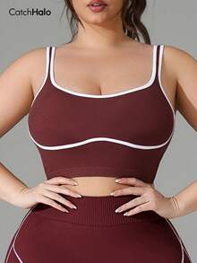 Plus Size Women's Seamless Sports Camisole, Contrast Color Trim, U-Back Design, Unlined, Suitable For Yoga & Running - Redwood - View 9
