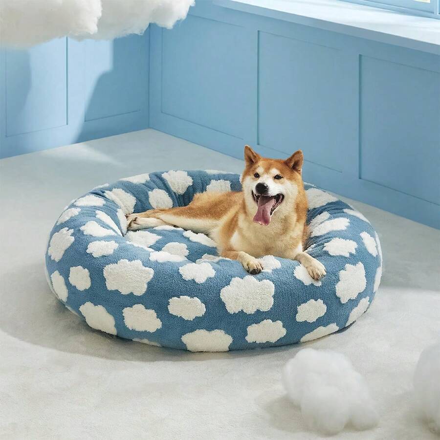 Donut-Shaped Dog Bed, Round Cat Bed, Indoor Pet Bed, Christmas Gift, Soothes Pets, Comes With A Removable And Washable Cover, Cute Modern Style, Jacquard Plush Fabric, Non-Slip Bottom, Blue. - 藍色 - 查看 1