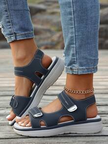 2025新款时尚夏季女士运动风坡跟凉鞋，轻便魔术贴沙滩拖鞋 - 藍色 - 查看 2