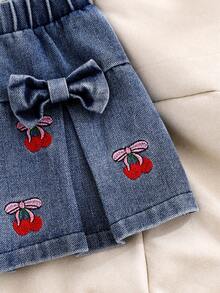 女婴夏季两件套：樱桃刺绣短袖T恤上衣和樱桃刺绣百褶裙，配蝴蝶结装饰 - 紅色 - 查看 7