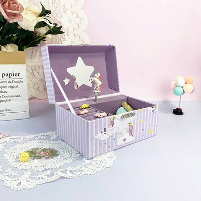 1pc Rectangular Purple Unicorn Music Box, Paper Material With Star Mirror And Rotating Horse, Jewelry Storage Box, Great Gift For Valentine's Day, Wedding, Birthday