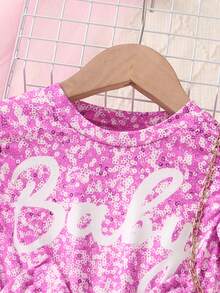 少女优雅圆领插肩袖收腰亮片印花字母蝴蝶网纱连衣裙，适合生日派对和舞会，春夏款 - 玫紅色 - 查看 4