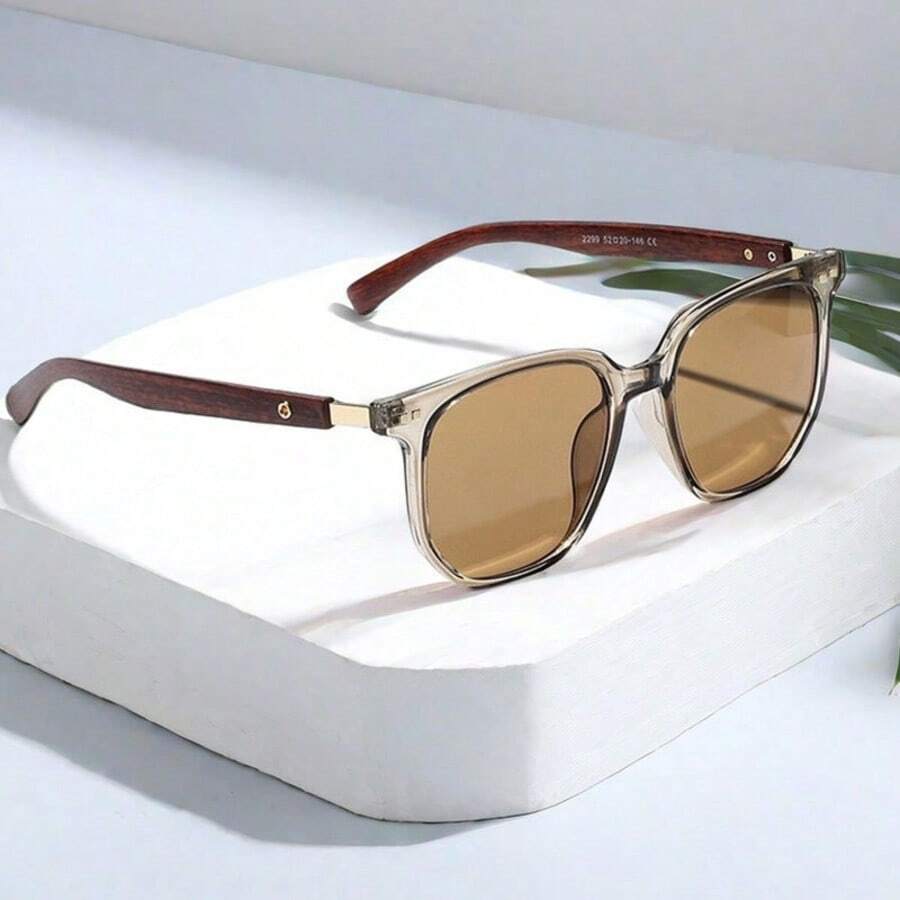 One Pair Minimalist Men's Retro Square Frame Non Prescription Eyewear, Retro Textured Temple Design, Stylish Decorative Eyeglasses For Adult Men, Perfect For Daily Casual Wear, Party Occasions, Outdoor Travel, Holiday Vacation, Seaside Beach Leisure, Graduation Season Events And Camping Gatherings, 2026 New Arrival Understated Retro All-Match Eyewear For Daily Outfit And Aesthetic Styling - Ly thủy tinh cán gỗ giả - Xem 1