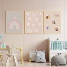 1 Piece Canvas Wall Art - Digital Floral Print, Blush Rainbow Print, Little Bee Nursery Poster, Ideal For Nursery, Playroom Decor - Framed Nursery Wall Art, Perfect For Children's Room, Nursery, Playroom, Girls Bedroom, Boys Bedroom - Multicolor - View 9