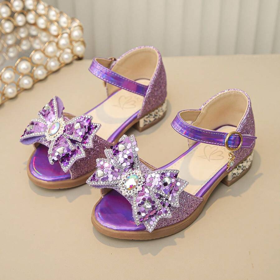 Girls' Shiny Mary Jane Low Heel Princess Floral Wedding Party Dress Shoes - Purple - View 1