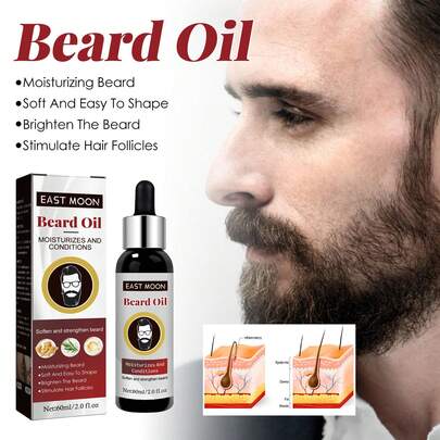 EAST MOON Men Beard Care Oil - Moisturizing Conditioning Repair Damaged Facial Hair Follicles Strengthens Roots Thickening Nourish Mustaches Styling Refreshing Not Greasy (60ml)